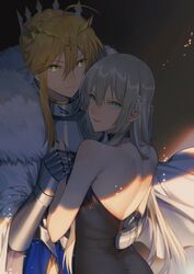  2girls absurdres armor armored_dress artoria_pendragon_(fate) artoria_pendragon_(lancer)_(fate) bad_id bad_twitter_id bare_shoulders blonde_hair braid breastplate choker commentary cowboy_shot crown english_commentary fate/grand_order fate_(series) french_braid fur_trim gauntlets green_eyes grey_hair hair_between_eyes hand_on_another&#039;s_back highres holding_hands long_hair looking_at_viewer morgan_le_fay_(fate) multicolored_hair multiple_girls parted_lips sidelocks smile yorukun 