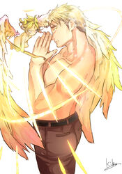  2boys angel bara blonde_hair bow_(weapon) brown_pants cupid_(housamo) feathered_wings from_side halo highres holding itaru_(kidomh63) looking_at_viewer male_focus multiple_boys muscular muscular_male own_hands_together palms_together pants pectorals praying short_hair sideburns tennouji_shin&#039;ya tokyo_afterschool_summoners topless_male weapon wings 