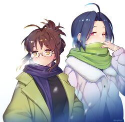  2girls ahoge akizuki_ritsuko antenna_hair blue_hair brown_hair coat folded_ponytail fur-trimmed_coat fur_trim glasses green_coat green_scarf idolmaster idolmaster_(classic) korean_commentary miura_azusa multiple_girls nightea no_mouth one_eye_closed purple_scarf red_eyes scarf scarf_over_mouth side-by-side vignetting white_background white_coat winter_clothes winter_coat yellow_eyes 