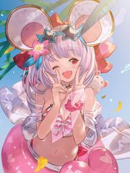  ;d animal_ears animal_on_shoulder bad_id bad_pixiv_id bikini breasts double_v eyewear_on_head female flower granblue_fantasy hair_flower hair_ornament medium_breasts mouse_(animal) mouse_ears mouse_on_shoulder navel one_eye_closed open_mouth red_eyes red_scrunchie scrunchie smile solo star-shaped_eyewear star_(symbol) striped_bikini striped_clothes sunglasses swimsuit taroji v vikala_(blooming_summer_wallflower)_(granblue_fantasy) vikala_(granblue_fantasy) white_hair wrist_scrunchie 