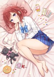  :o artist_name bandages barefoot bed_sheet blue_bow blue_bowtie blue_skirt blush bottle bow bowtie candy collared_shirt commentary_request condom feet female finger_to_own_chin food full_body highres lollipop long_hair looking_at_viewer love_live! love_live!_school_idol_project lying miniskirt nishikino_maki on_side otonokizaka_school_uniform pill pillow pink_bow pink_bowtie plaid plaid_bow plaid_bowtie purple_eyes red_hair sakurai_makoto_(custom_size) school_uniform shirt short_hair skirt solo striped_bow striped_bowtie striped_clothes stuffed_animal stuffed_cat stuffed_toy undone_bowtie white_shirt winter_uniform 