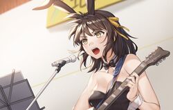  animal_ears bad_id bad_twitter_id black_leotard bow bowtie brown_hair collarbone commentary electric_guitar fake_animal_ears female god_knows... guitar hairband highres indoors instrument leotard microphone music music_stand official_alternate_costume open_mouth orange_hairband piyo_(pixiv_2308057) playboy_bunny playing_instrument rabbit_ears short_hair simple_background singing solo suzumiya_haruhi suzumiya_haruhi_no_yuuutsu sweat teeth upper_teeth_only v-shaped_eyebrows wrist_cuffs yellow_eyes 