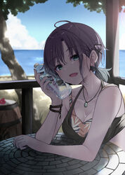  absurdres ahoge asakura_toru bikini black_bikini blurry blurry_background bottle bottle_to_cheek bracelet breasts cleavage collarbone day earrings female fuu_(fuore) gem highres idolmaster idolmaster_shiny_colors jewelry light_purple_hair looking_at_viewer multi-strapped_bikini nail_polish necklace outdoors shade short_ponytail smile solo swimsuit upper_body water_bottle wet wet_hair 