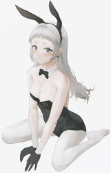  absurdres aiv animal_ears arknights bare_shoulders black_bow black_bowtie black_gloves black_hairband black_leotard blunt_bangs blush bow bowtie breasts cleavage commentary earrings embarrassed fake_animal_ears female full_body gloves grey_eyes grey_hair hairband head_wings highres irene_(arknights) jewelry legs leotard long_hair looking_at_viewer medium_breasts nervous_smile no_shoes pantyhose playboy_bunny rabbit_ears sitting smile solo strapless strapless_leotard toes wariza white_pantyhose wings 