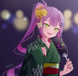  bibi_(tokoyami_towa) colored_inner_hair commentary_request dakuryuu dated ear_piercing earrings female flower furisode green_eyes green_kimono green_nails hair_flower hair_ornament hair_ribbon hairclip hand_fan hololive japanese_clothes jewelry kimono long_hair multicolored_hair multicolored_nails nail_polish obi oerba_yun_fang open_mouth orange_ribbon paper_fan piercing pink_hair pink_nails pointy_ears ponytail purple_hair ribbon sash smile solo streaked_hair tokoyami_towa twitter_username uchiwa upper_body virtual_youtuber wide_sleeves 