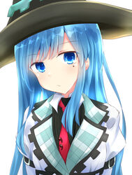  black_hat blue_eyes blue_hair blush choujigen_game_neptune collared_dress collared_shirt commentary_request dress expressionless female hat highres long_hair looking_at_viewer mages. mole mole_under_eye necktie neptune_(series) niche-tan red_necktie shirt simple_background solo upper_body very_long_hair white_background white_dress white_shirt witch witch_hat 