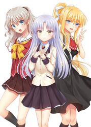  3girls air_(visual_novel) angel_beats! ascot black_dress black_skirt black_socks blazer blonde_hair blue_eyes charlotte_(anime) commentary_request company_connection crossover dress feet_out_of_frame grey_hair hair_ribbon hands_on_own_chest highres hoshinoumi_academy_school_uniform jacket kamio_misuzu key_(company) kneehighs long_hair looking_at_viewer multiple_girls nakamura_hinato petticoat pleated_skirt ponytail red_ascot red_shirt ribbon sailor_collar sailor_shirt school_uniform shirt skirt socks tachibana_kanade tomori_nao two_side_up v very_long_hair white_jacket white_sailor_collar yellow_eyes yellow_shirt 