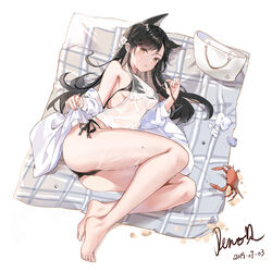  animal_ears ass atago_(azur_lane) azur_lane bare_legs barefoot bikini black_bikini black_hair braid breasts cleavage crab dated extra_ears feet female flower hair_flower hair_ornament hair_ribbon large_breasts long_hair looking_at_viewer lying mole mole_under_eye navel non-web_source on_side parted_lips photoshop_(medium) rero_(bigdoorbig2) ribbon see-through side-tie_bikini_bottom side_braid signature simple_background solo swimsuit toes wet white_background yellow_eyes 