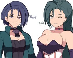  2girls artist_signature bare_shoulders big_breasts blue_hair choker cleavage djames female female_only fire_emblem fire_emblem:_three_houses green_eyes green_hair jamesfe kiria_kurono large_breasts long_hair looking_at_viewer nintendo one_eye_closed ponytail purple_eyes shamir_nevrand signature tokyo_mirage_sessions_#fe wink 