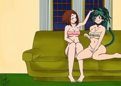  2girls angelbunny blush bra brown_hair cat_ears cat_tail catgirl closed_eyes collar commission couch cute female_deku genderswap genderswap_(mtf) green_hair happy head_pat indoors izuku_midoriya my_hero_academia nekomimi night ochako_uraraka open_eyes panties petting resized rule_63 sitting smiling wholesome window 