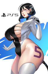  1girls big_breasts big_butt black_hair blue_eyes blue_hair breasts cable clothing console-tan earrings female female_focus female_only green_eyes green_hair hair implied_anal looking_at_viewer ps5-tan short_hair simple_background solo solo_focus sony_corporation space_(uchuu) tagme tattoo text thick_thighs thighhighs yuzhou 