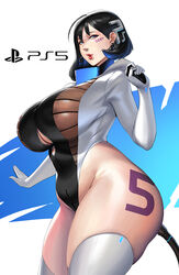  1girls big_breasts big_butt black_hair blue_eyes blue_hair breasts cable clothing console-tan earrings female female_focus female_only green_eyes green_hair hair implied_anal looking_at_viewer ps5-tan short_hair simple_background solo solo_focus sony_corporation space_(uchuu) tagme tattoo text thick_thighs thighhighs yuzhou 