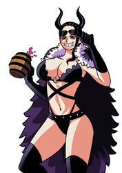  1girls beast_pirates beast_pirates_(cosplay) big_breasts bikini bikini_uniform black_eyes black_hair black_horns breasts dark_hair female female_only heels horns human human_only lifting_sunglasses long_hair looking_at_viewer nico_robin one_piece post-timeskip shounen_jump skirt smile smiling snake solo solo_female sunglasses tagme thick_thighs thighhighs tinafate1 white_background 