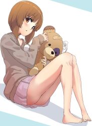  ass barefoot blush boko_(girls_und_panzer) brown_eyes brown_hair brown_sweater buchikaki female girls_und_panzer highres holding holding_stuffed_toy looking_at_viewer miniskirt nishizumi_miho no_panties open_mouth pink_skirt short_hair simple_background skirt solo stuffed_toy sweater 