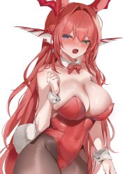  :o ? absurdres bare_shoulders blue_eyes bow bowtie breasts brown_pantyhose chaos_(dungeon_and_fighter) cleavage commentary_request covered_navel detached_collar dolechan dungeon_and_fighter female green_eyes hair_intakes highres horns knight_(dungeon_and_fighter) korean_commentary large_breasts leotard looking_at_viewer open_mouth pantyhose red_bow red_bowtie red_hair red_leotard solo spoken_question_mark strapless strapless_leotard wrist_cuffs 
