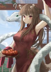  ? absurdres animal_ear_fluff animal_ears apple araca_ra arm_up bowl brown_hair china_dress chinese_clothes cowboy_shot dress female floral_print food fruit highres holding holding_bowl holo indoors long_hair parted_lips red_dress red_eyes snake solo spice_and_wolf tail white_snake wolf_ears wolf_girl wolf_tail 