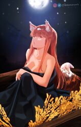  absurdres animal_ear_fluff animal_ears artist_name bare_shoulders black_dress blunt_bangs breasts brown_hair cleavage dress female full_moon highres holo knowname long_hair moon oerba_yun_fang open_mouth red_eyes sidelocks sitting solo spice_and_wolf tail wheat wolf_ears wolf_girl wolf_tail 