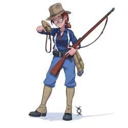  antique_firearm black_shoes blue_eyes blue_pants blue_shirt brown_hat campaign_hat caplock closed_mouth commission english_commentary female firelock gaiters glasses gun gun_sling hat highres holding_canteen hot military military_uniform original ostwindprojekt pants red_hair rifle rifle_cartridge shirt shoes simple_background sleeve_rolled_up solo spanish-american_war suspenders sweat water_drop weapon white_background 