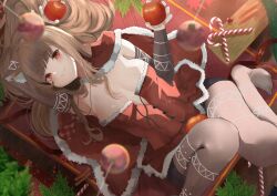  absurdres animal_ear_fluff animal_ears apple araca_ra breasts brown_hair capelet christmas closed_mouth dress female food fruit highres holding holding_food holding_fruit holo long_hair looking_at_viewer lying on_back red_capelet red_dress red_eyes smile solo spice_and_wolf wolf_ears wolf_girl 