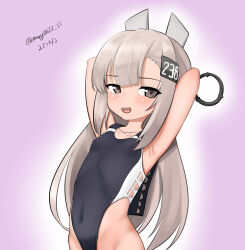  absurdres arms_behind_head black_one-piece_swimsuit collarbone covered_navel cowboy_shot female flat_chest gradient_background grey_eyes grey_hair head_only headgear highleg highleg_one-piece_swimsuit highres kantai_collection long_hair maru_(marg0613) one-hour_drawing_challenge one-piece_swimsuit out-of-frame_censoring purple_background smile solo super_highleg swimsuit two-tone_one-piece_swimsuit wahoo_(kancolle) 