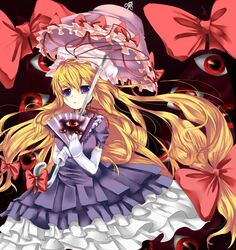  blonde_hair bow commentary dress elbow_gloves eye_focus female gloves hairbow hand_fan hat long_hair mimi-moon purple_eyes solo touhou umbrella very_long_hair white_gloves yakumo_yukari 