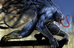  1boy from_side highres long_tongue male_focus marvel muscular muscular_male open_mouth photoshop_(medium) profile saliva sharp_teeth solo spider-man_(series) stjepan_sejic teeth tongue tongue_out venom_(marvel) 