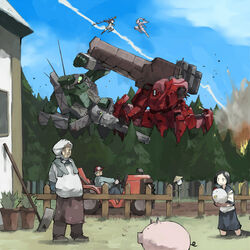  1boy 3girls battle bird black_hair chicken commentary_request contrail day duel farm gregorius_yamada mecha multiple_girls outdoors pig pixiv_robot_wars robot school_uniform serafuku short_hair tractor 