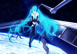  aqua_eyes aqua_hair commentary_request detached_sleeves earth_(planet) female floating_hair hatsune_miku headset hugging_own_legs legs long_hair necktie planet satellite skirt solo space thighhighs twintails very_long_hair vocaloid yonasawa zettai_ryouiki 