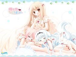  3girls =_= animal_ears barefoot blanket blonde_hair blush closed_eyes dog_ears dog_tail dress feet finger_to_mouth hair_ribbon highres lap_pillow lily_(wanko) lolicon long_hair lying multiple_girls oerba_yun_fang orange_eyes paw_print pink_hair ribbon sakurazawa_izumi sleeping smile tail touko_(wanko_to_lily) very_long_hair wanko wanko_to_lily white_hair 