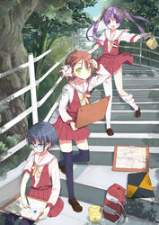  3girls bag blue_eyes blue_hair blush brown_hair commentary_request drawing eraser green_eyes hair_ornament hairclip happy highres miyoshino multiple_girls nature oekaki_musume original pencil photoshop_(medium) purple_eyes purple_hair railing school_uniform short_hair sitting sketchbook skirt smile stairs thighhighs tree twintails white_thighhighs wooden_pencil zettai_ryouiki 