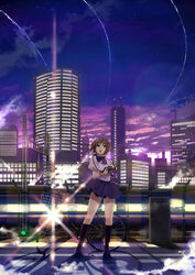  basket bicycle bicycle_basket black_socks blue_skirt blush brown_hair building camera chain-link_fence city cityscape cloud commentary_request contrail diffraction_spikes female fence highres holding holding_camera isshiki_tarou kneehighs legs lens_flare lens_flare_abuse looking_up miniskirt night night_sky open_mouth original outdoors overhead_line photoshop_(medium) pleated_skirt power_lines scenery school_uniform shadow shirt short_hair short_sleeves skirt sky skyline skyscraper socks solo standing star_(sky) steam train twilight white_shirt 