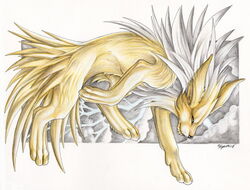  animal_ears fox_ears jolteon lyanti no_humans pokemon pokemon_(creature) solo tail yellow_eyes 