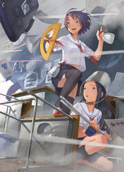  2girls bag blue_hair bob_cut bucket bucket_on_head classroom commentary_request making-of_available multiple_girls object_on_head original photoshop_(medium) pulverizer satchel school_uniform shizuma_yoshinori short_hair skirt socks thighhighs war 