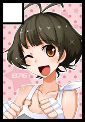  1boy akizuki_ryo antenna_hair bare_shoulders black_border blush border brown_eyes brown_hair circle_cut commentary_request cool_&amp;_sexy_(idolmaster) fingerless_gloves gloves idolmaster idolmaster_dearly_stars male_focus one_eye_closed open_mouth otoko_no_ko short_hair smile solo sugar_(sugarless) 