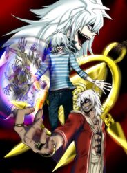  3boys bakura_ryou bracelet crazy_eyes crazy_smile denim evil_grin evil_smile grin jeans jewelry male_focus multiple_boys pants ring shirt smile striped_clothes striped_shirt tan touzokuou_bakura white_hair yami_bakura yu-gi-oh! yu-gi-oh!_duel_monsters 