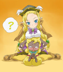  1boy ? bad_id bad_pixiv_id blonde_hair blue_eyes blush bow bowtie breast_rest breasts breasts_on_head dahlia_(rune_factory) earrings feathers female furry furry_male furry_with_non-furry hat interspecies jewelry large_breasts long_hair mice_(rune_factory) open_mouth pointy_ears pole_(ppp1409) rune_factory rune_factory_3 sheep_boy size_difference straight twintails 