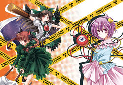  3girls animal_ears bikuto_ryuu black_hair blush bow braid brown_eyes cat_ears caution_tape commentary_request green_bow hairband hairbow heart kaenbyou_rin komeiji_satori multiple_girls multiple_hair_bows photoshop_(medium) purple_eyes purple_hair red_hair reiuji_utsuho smile touhou twin_braids twintails 