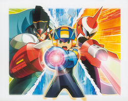  4boys aiming aiming_at_viewer arm_cannon artist_request black_hair cape colonel.exe_(mega_man) energy_sword green_eyes lan_hikari_(mega_man) mega_man_(series) mega_man_battle_network_(series) mega_man_battle_network_5 megaman.exe multiple_boys netnavi official_art open_mouth powering_up protoman.exe sword weapon white_hair 