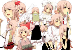  aged_down alternate_hairstyle angry bad_id bad_pixiv_id baggy_pants bare_shoulders black_dress blush carrying cleaver closed_eyes dress female hair_bobbles hair_ornament hair_ribbon happy hat heart holding japanese_clothes katana kimono lolicon long_hair mechanical_pencil miko notebook pants pencil pink_eyes pink_hair pleated_skirt ponytail ribbon school_uniform shaman_king shirt short_hair skirt sleeveless smile sword t-shirt tamamura_tamao tokin_hat tomo_(sjim) weapon 