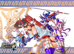  3girls alteisen alteisen_(cosplay) alteisen_riese armor bullet commentary_request cosplay crossover dygenguar dygenguar_(cosplay) felyne kengko mecha_musume midriff monster_hunter_(series) multiple_girls parody paw_stick shell_casing super_robot_wars sword weapon weissritter weissritter_(cosplay) 