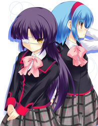  2girls bad_id bad_pixiv_id black_hair blue_hair bow eyepatch hairband hitsujibane_shinobu koshiki_miyuki little_busters! little_busters!_school_uniform long_hair multiple_girls nishizono_midori orange_eyes photoshop_(medium) pink_bow school_uniform short_hair yellow_eyes 