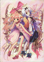  2girls absurdres ahoge animal_ears bow collar denim denim_shorts detached_sleeves dog_ears dog_tail flower hair_ribbon highres holding_hands large_bow legs lily_(wanko) long_hair multiple_girls open_mouth ozaki_hiroki pantyhose ribbon scan shoes short_hair shorts sneakers tail very_long_hair wanko wanko_to_lily white_hair white_pantyhose wrist_cuffs 