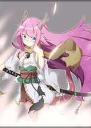  antlers bad_id bad_pixiv_id blue_hair blush detached_sleeves dragon_girl dragon_tail earrings female horns japanese_clothes jewelry katana kazami_ryouya long_hair original pink_hair pointy_ears scarf smile solo sword tail weapon 