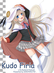  :d absurdres black_jacket blonde_hair blue_eyes blush bow cape cloak comiket_77 commentary_request cover cover_page doujin_cover feet_out_of_frame female grey_skirt hat highres jacket little_busters! little_busters!_school_uniform long_hair long_sleeves miniskirt mizunoe_kotaru noumi_kudryavka oerba_yun_fang open_mouth photoshop_(medium) pink_bow plaid plaid_skirt pleated_skirt school_uniform skirt smile solo thighhighs white_cloak white_thighhighs zettai_ryouiki zoom_layer 