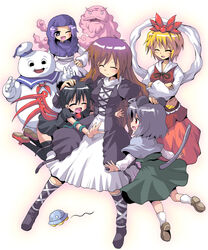  5girls animal_ears black_hair black_thighhighs blonde_hair blue_eyes blue_hair cloud commentary_request cosplay crossover ghostbusters gradient_hair grey_hair hijiri_byakuren hood houjuu_nue kumoi_ichirin kurogarasu long_hair mouse_ears multicolored_hair multiple_girls murasa_minamitsu nazrin odd_one_out photoshop_(medium) short_hair snake stay_puft stay_puft_(cosplay) tail thighhighs toramaru_shou touhou ufo unzan when_you_see_it wings zettai_ryouiki 