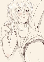  androgynous armpits bandaid blush border_break clothes_lift commentary_request gender_request lying midriff monochrome on_back sawa_jaaji sepia shirt_lift solo spot_color sweat tank_top 