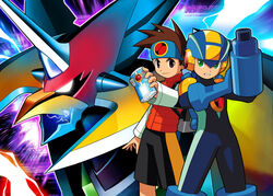  2boys arm_cannon artist_request black_shorts blue_bodysuit blue_headband blue_headwear bodysuit brown_eyes clenched_teeth closed_mouth electricity falzar_(mega_man) glowing glowing_eye green_eyes hand_on_own_arm headband helmet lan_hikari_(mega_man) long_sleeves looking_at_viewer male_focus mega_man_(series) mega_man_battle_network_(series) mega_man_battle_network_6 megaman.exe multiple_boys netnavi official_art open_mouth orange_vest personal_terminal robot shirt short_hair shorts smile spiked_hair standing teeth vest weapon white_shirt 