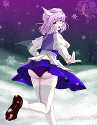  :d ass commentary_request female from_behind hat huge_ass letty_whiterock light_purple_hair looking_back open_mouth panties photoshop_(medium) purple_eyes short_hair smile solo suzuki_sakura thighhighs touhou underwear 