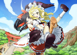  2girls :d ^_^ blonde_hair broom broom_riding closed_eyes commentary_request detached_sleeves flying hakurei_reimu hat kirisame_marisa multiple_girls multiple_riders one_eye_closed open_mouth smile torii touhou waha_(artist) witch_hat yellow_eyes 