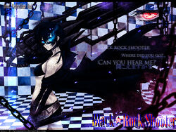  arm_cannon bad_id bad_pixiv_id bikini bikini_top_only black_hair black_rock_shooter black_rock_shooter_(character) black_shorts blue_eyes chains coat commentary_request d-artemisatto english_text female glowing glowing_eyes huge_weapon midriff no_shirt pale_skin photoshop_(medium) short_hair shorts solo sunglasses swimsuit tattoo weapon 